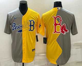 Men%27s Boston Red Sox Big Logo Grey Yellow Split Cool Base Stitched Jersey